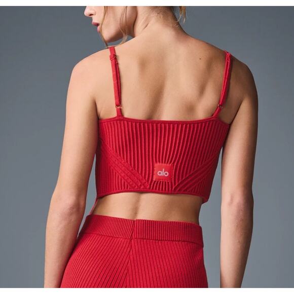 Alo Yoga Denim Knit Garter Ribbed Tank Top in Bold Red Small - Picture 2 of 7